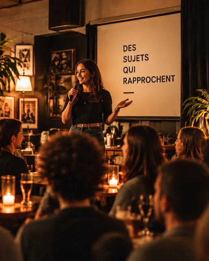Une soirée du Club des Curieux dans un bar parisien : une intervenante partage son expérience devant l'écran « Des sujets qui rapprochent »